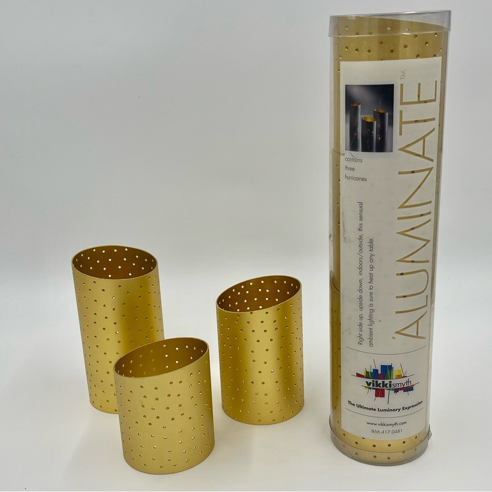 $150 Sets Of 3 Vikki Smyth Heavy Duty Aluminum Gold Hurricane Candle Holders